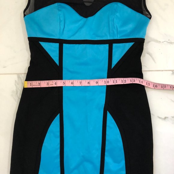 NEW BEBE Classic Black & Turquoise Blue Color block Silky Satin Stylish DRESS S - Picture 8 of 13